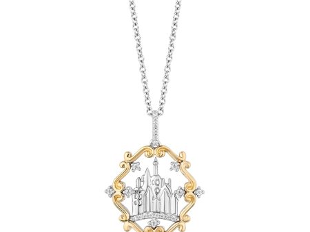 Enchanted Disney Fine Jewelry Sterling Silver and 10K Yellow Gold With 1 10 CTTW Diamond Belle 30th Castle Pendant Necklace Discount