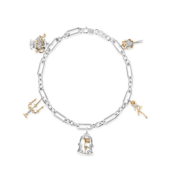 Enchanted Disney Fine Jewelry Sterling Silver and 10K Yellow Gold 1 6 CTTW Diamond Belle 30th Charm Bracelet Online Hot Sale