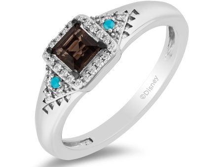 Enchanted Disney Fine Jewelry Sterling Silver with 1 10 CTTW Diamond with Smokey Quartz and Turquoise Pocahontas Ring on Sale