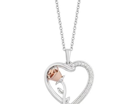 Enchanted Disney Fine Jewelry Sterling Silver and 10k Rose Gold with 1 10 CTTW Belle Rose with Heart Pendant Necklace Discount