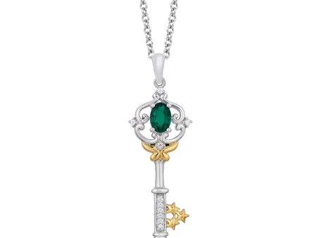 Enchanted Disney Fine Jewelry 14K Yellow Gold over Sterling Silver with 1 20 CTTW Diamond and Created Emerald Tinker Bell Key Pendant Necklace Hot on Sale