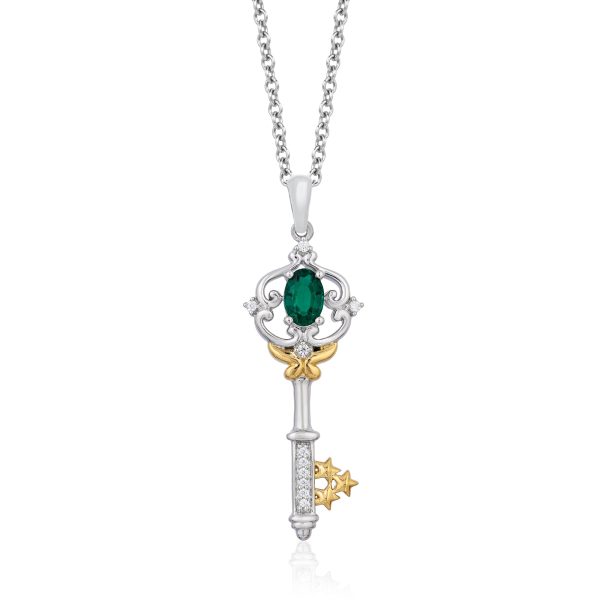 Enchanted Disney Fine Jewelry 14K Yellow Gold over Sterling Silver with 1 20 CTTW Diamond and Created Emerald Tinker Bell Key Pendant Necklace Hot on Sale