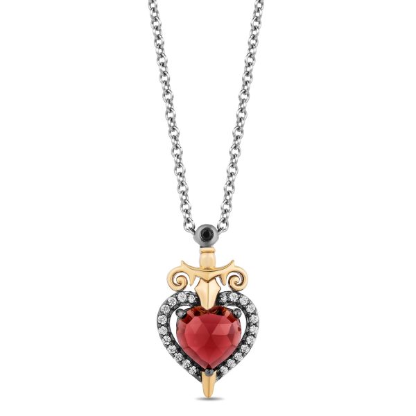 Enchanted Disney Fine Jewelry Black Rhodium Over Sterling Silver and 10K Yellow Gold with 1 10 CTTW Diamond and Red Garnet Evil Queen Pendant Necklace Supply