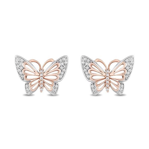 Enchanted Disney Fine Jewelry Sterling Silver and 10K Rose Gold 1 10 CTTW Natural White Round Diamond Mulan Butterfly Earrings Hot on Sale