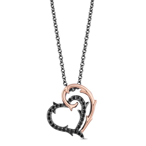 Enchanted Disney Fine Jewelry 10K Rose Gold and Black Rhodium over Sterling Silver with 1 5 CTTW Black Diamond Maleficent Heart Pendant Necklace For Cheap