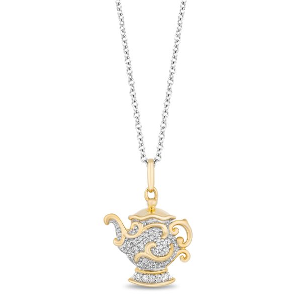 Enchanted Disney Fine Jewelry 10K Yellow Gold and Sterling Silver Chain with 1 10 CTTW Diamond Belle 30th Mrs. Potts Pendant Necklace Hot on Sale