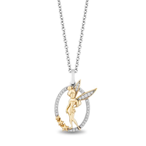 Enchanted Disney Fine Jewelry 14K Yellow Gold Over Sterling Silver with 1 10 CTTW Diamond Tinker Bell Pendant Necklace Discount