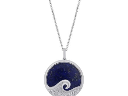 Enchanted Disney Fine Jewelry Sterling Silver 1 6 CTTW Diamond and Lapis Moana Wave Pendant Necklace Online now