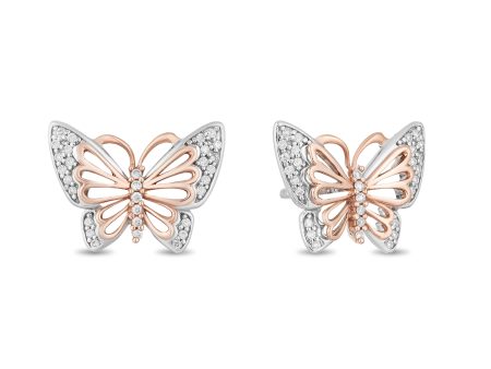 Enchanted Disney Fine Jewelry Sterling Silver and 10K Rose Gold 1 10 CTTW Natural White Round Diamond Mulan Butterfly Earrings Hot on Sale