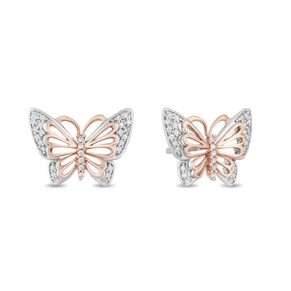 Enchanted Disney Fine Jewelry Sterling Silver and 10K Rose Gold 1 10 CTTW Natural White Round Diamond Mulan Butterfly Earrings Hot on Sale