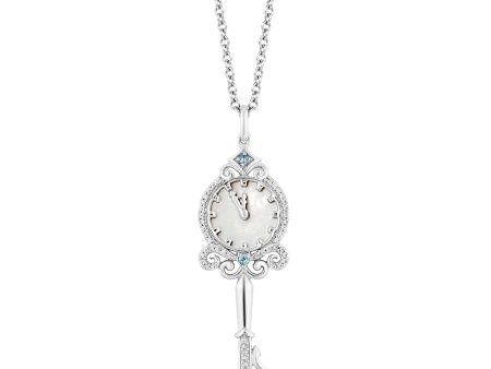 Enchanted Disney Fine Jewelry Sterling Silver with 1 10 CTTW Diamonds and London Blue Topaz and Mother of Pearl Cinderella 70th Anniversary Key Pendant Necklace Cheap