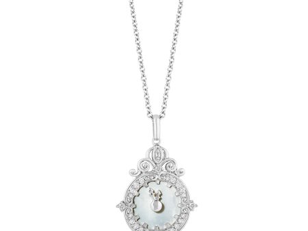 Enchanted Disney Fine Jewelry Sterling Silver with 1 8 CTTW Diamonds and Mother-of-Pearl Face Cinderella Clock Pendant Necklace Sale