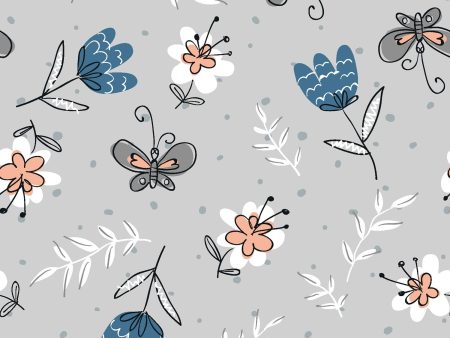 Cat s Meow Floral Gray Butterflies Floral Butterfly Fabric by the yard Online Hot Sale