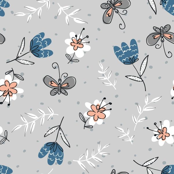 Cat s Meow Floral Gray Butterflies Floral Butterfly Fabric by the yard Online Hot Sale