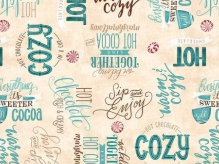 Cuppa Cocoa Coffee Marshmallow Script Fabric by the yard Online now