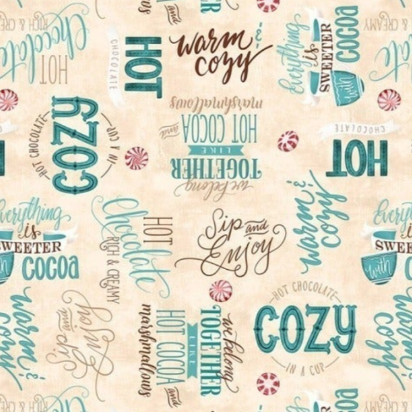 Cuppa Cocoa Coffee Marshmallow Script Fabric by the yard Online now