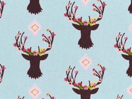 Floral Deer Reindeer Buck Fawn Woodland on Aqua Fabric by the yard Discount