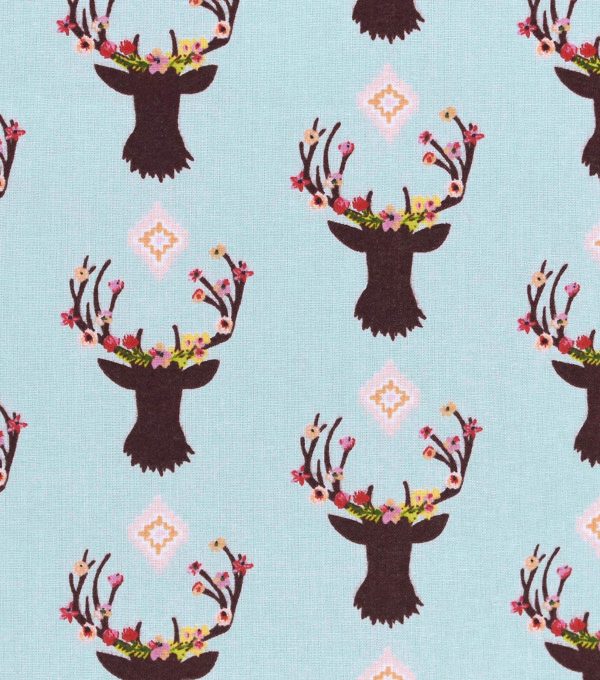 Floral Deer Reindeer Buck Fawn Woodland on Aqua Fabric by the yard Discount