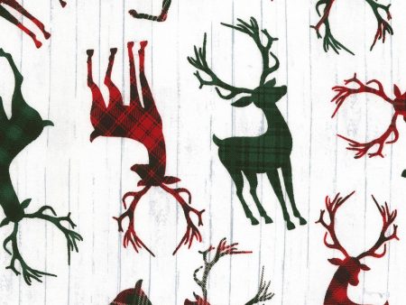 Holiday Deer Reindeer Buck Woodland on White Fabric by the yard Sale