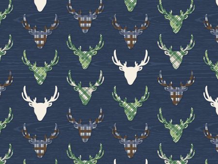 The Great Outdoors Navy Deer Reindeer Buck Woodland on White Fabric by the yard Hot on Sale