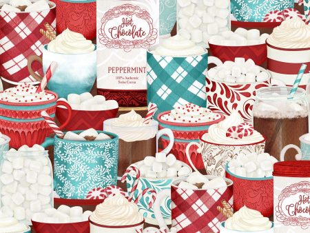 Cuppa Cocoa Coffee Marshmallow Mint Red Fabric by the yard For Cheap