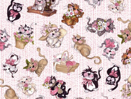 Tossed Fancy Cats Pink Kitten Animals Fabric by the yard Sale