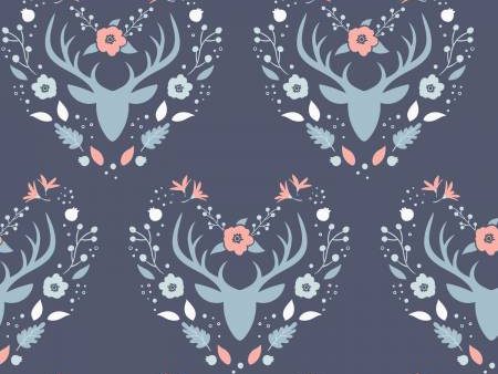 Floral Deer Reindeer Buck Woodland on Navy Fabric by the yard Online Hot Sale