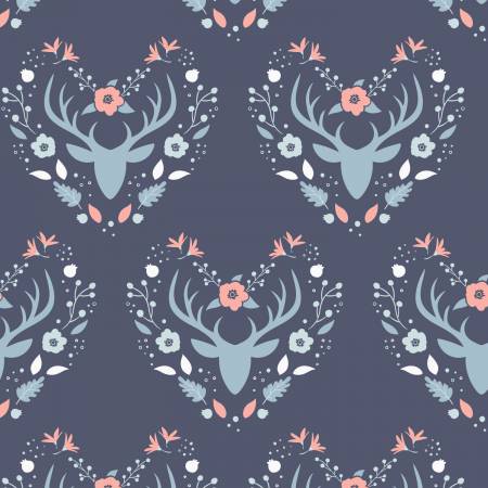 Floral Deer Reindeer Buck Woodland on Navy Fabric by the yard Online Hot Sale