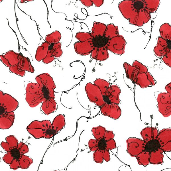 Poppy Floral Poppies on White Fabric by the yard Online