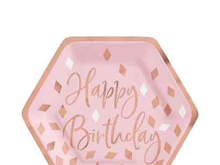 Blush Birthday Metallic Hexagon Paper Plates 7in, 8pcs Supply