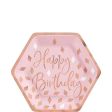 Blush Birthday Metallic Hexagon Paper Plates 7in, 8pcs Supply