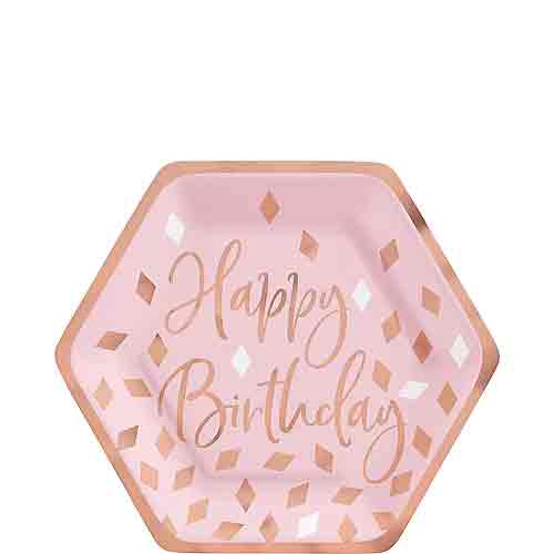 Blush Birthday Metallic Hexagon Paper Plates 7in, 8pcs Supply