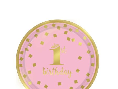 1st Birthday Girl - Gold Metallic Paper Plates 7in, 8pcs For Sale