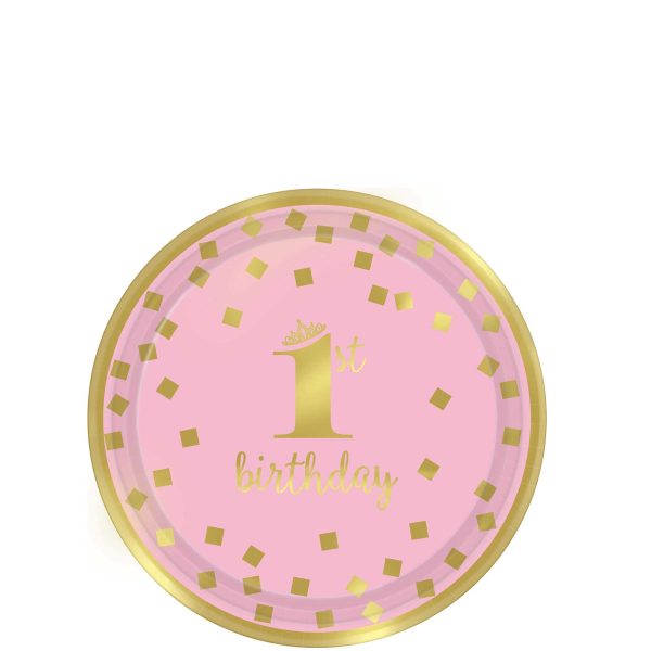 1st Birthday Girl - Gold Metallic Paper Plates 7in, 8pcs For Sale