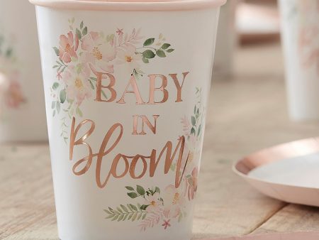 Baby in Bloom Rose Gold Floral Baby Shower Cups 8pcs For Discount