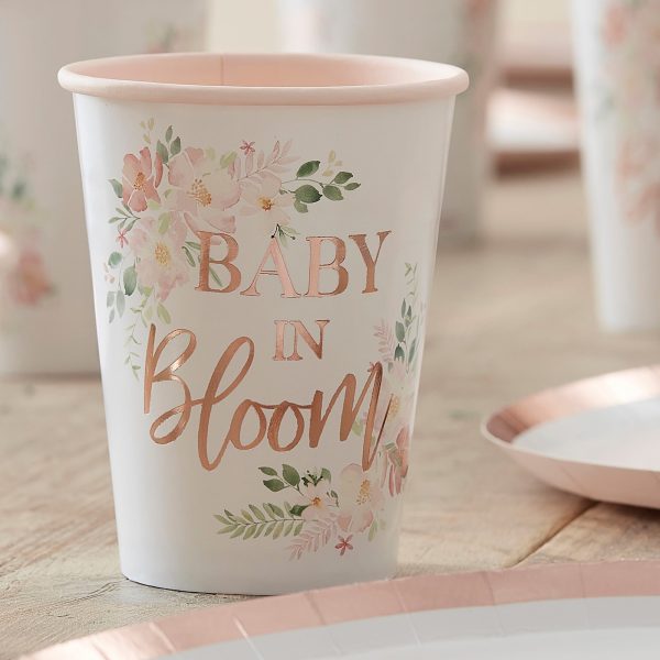 Baby in Bloom Rose Gold Floral Baby Shower Cups 8pcs For Discount